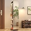 KASLANDI Full Length Mirror with Brake Wheels, 70"x16", Unique Solid Wood Oversized Floor Mirror with Coat Rack, Full Body Mirror for Bedroom, Living Room (Walnut)