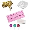 AKINGSHOP 12 Capacity Silicone Lollipop Molds,Chocolate Hard Candy Mold with 50pcs 4 inch Lollypop sucker sticks,Candy Treat Bags,gold ties. (Round pink)