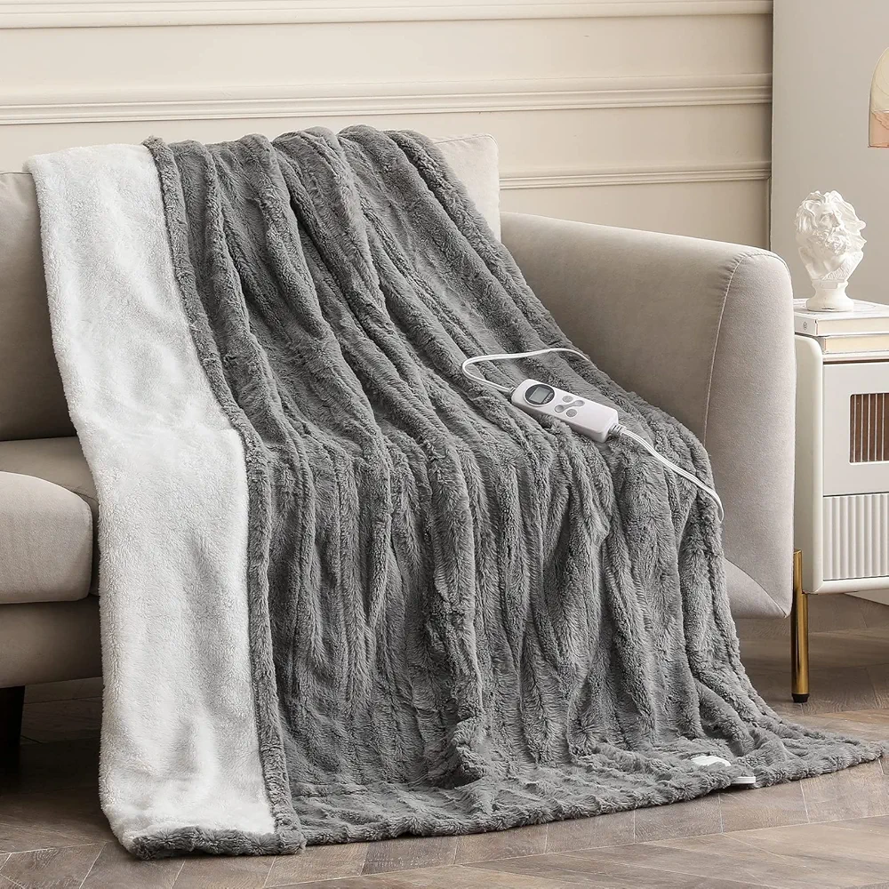 HOMLYNS Electric Heated Blanket Twin Size with 1-12hrs Timer Auto-Off &10 Heating Levels, Faux Fur & Sherpa Heating Blanket with ETL Certified, Machine Washable (62”x84”,Grey)