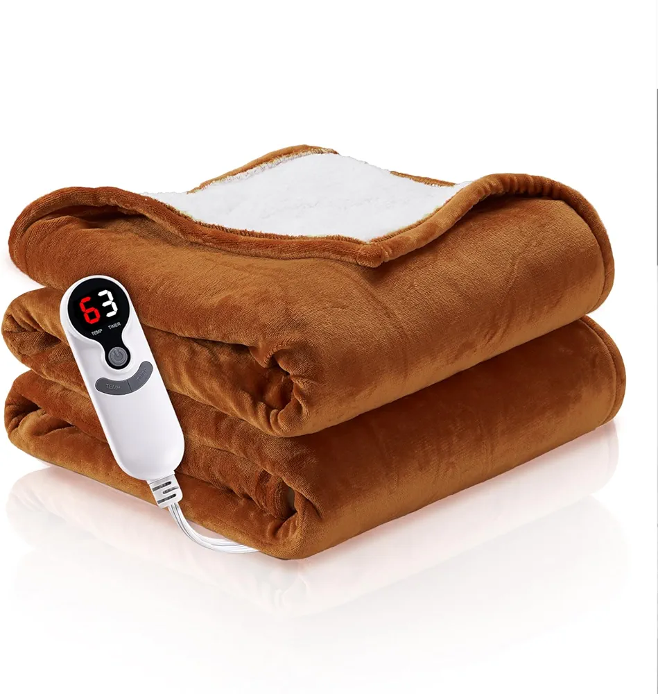 Heated Blanket 50" x 60" Soft Flannel and Sherpa Electric Throw,6 Heating Levels and 3 Hours Auto-Off,Caramel