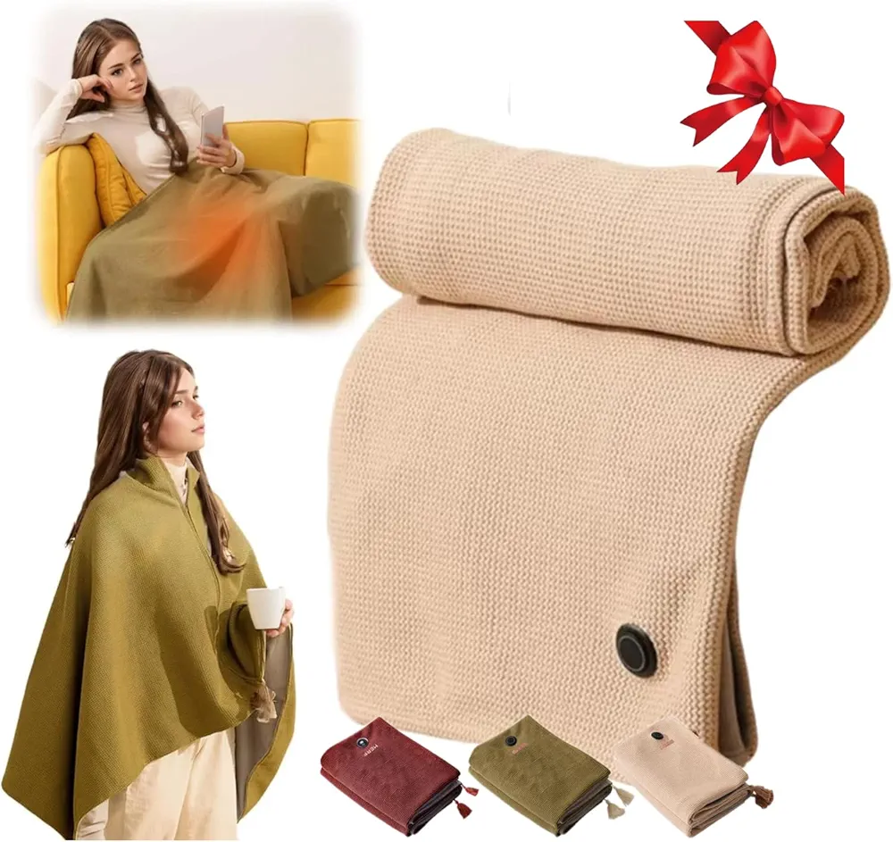 Portable Heated Shawl, 2025 Upgraded Heated Shawl Wraps for Women, Portable Heated Blanket Electric Heated Blanket Shawl, 3 Heating Levels, USB Heated Blanket Shawl (Khaki, NO Power Bank)