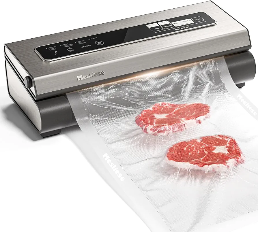 Vacuum Sealer Machine Powerful 90Kpa Precision 6-in-1 Compact Food Preservation System with Cutter, 2 Bag Rolls & 5 Pre-cut Bags, Widened 12mm Sealing Strip, Dry&Moist Modes (Silver)