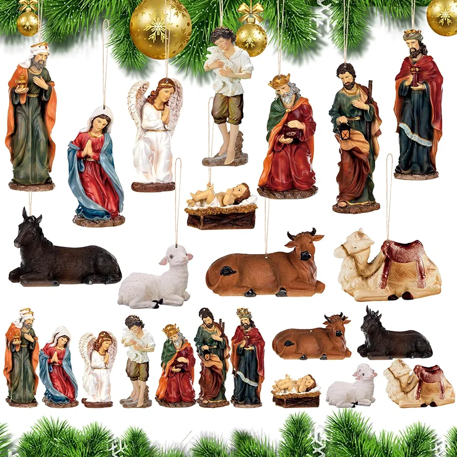 Soaoo 36 Pcs Nativity Christmas Ornaments Tree Decorations 3D Hanging Christmas Decorations Bulk Wooden Nativity Scenes Farmhouse Tree Decor Birth of Jesus Christian for Xmas Tree Advent Decor