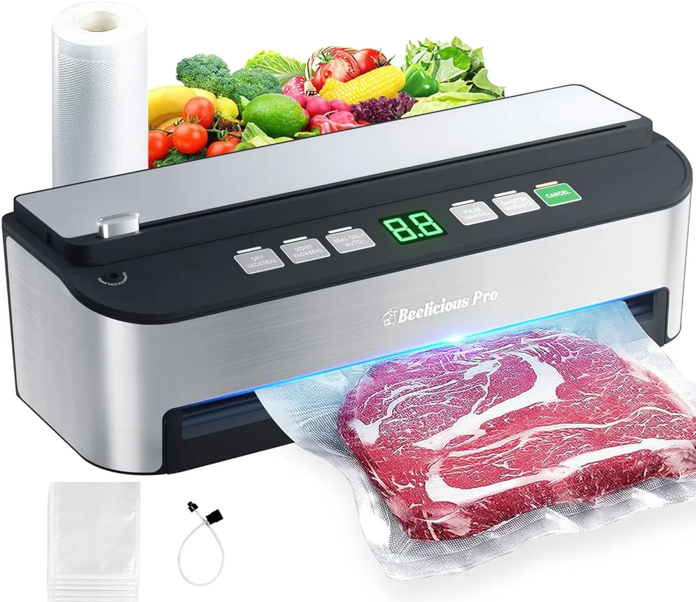 Vacuum Sealer Machine, Beelicious® 85KPA Fully Automatic 8-IN-1 Food Sealer with Bags Storage, Build-in Cutter, Moist Mode and Air Suction Hose | Digital Countdown | Sous Vide