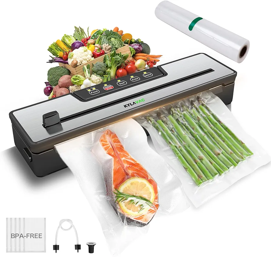 Food Vacuum Sealer Machine, Powerful Automatic 8-in-1 for Compact Food Storage Sealer, with Starter Kits and Dry&Wet Saver Modes, Bags and Cutter Included, Sous Vide(Silver)