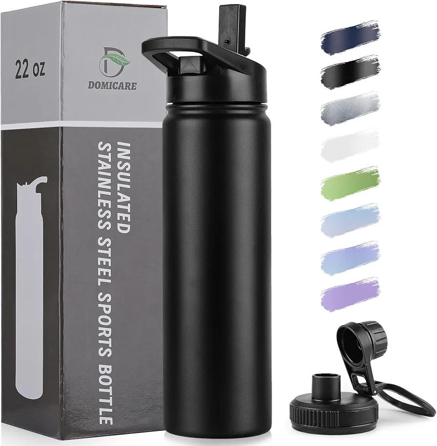 DOMICARE Insulated Water Bottle, 22 oz Vacuum Insulated Stainless Steel Reusable Sports Bottle with Straw Lid & Spout Lid for Travel, Camping, Bike, Leakproof, Black, 1 Pack