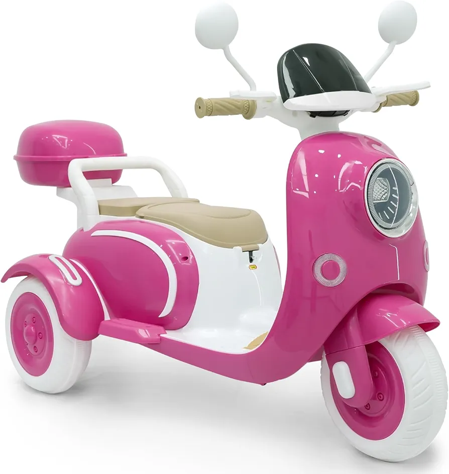 12V Kids Ride On Motorcycle, Kids Electric Moped, Girls Scooter, 3 Wheels Kids Electric Motorcycle with Mp3, Bluetooth, Headlight, Storage Box, Ride On Toys for Girls (Rose, Dual Motor)