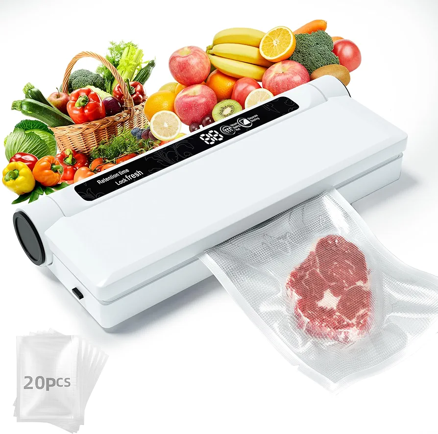 Vacuum Sealer, Food Saver Vacuum Sealer Machine with 20 Food Preservation Bags One-touch Automatic Vacuum Sealer for Food, Digital Display Vacuum Sealing and Independent Sealing Function