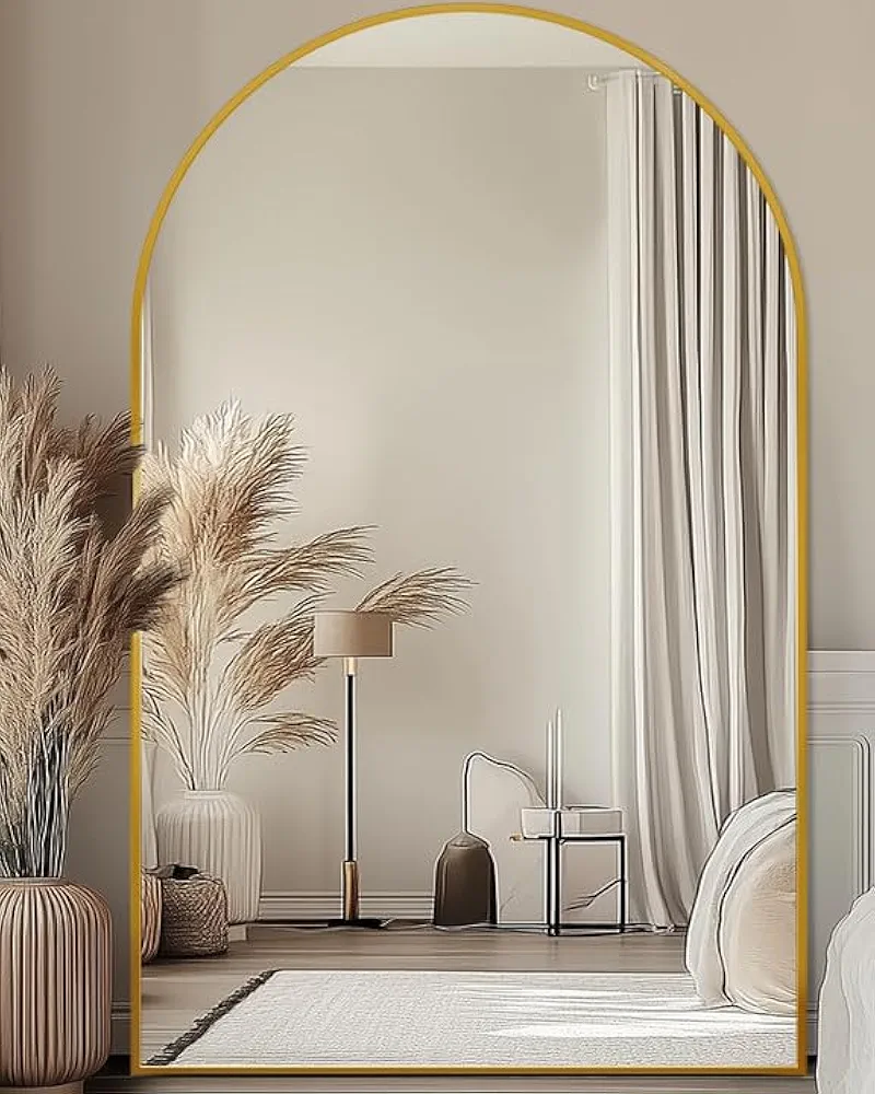 Full Length Mirror, 72"x44" Floor Mirror Freestanding, Oversized Floor Standing Mirror Full Body Mirror with Stand for Bedroom, Hanging Mounted Mirror for Living Room Cloakroom, Gold, Arched