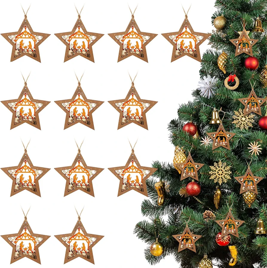 12 Pcs Christmas Nativity Scene Ornament, the Birth of Jesus Decoration Star Shaped Wooden Hanging Ornament Christian Religious Gift for Xmas Tree Decoration