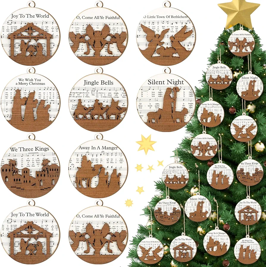 BBTO 16 Pcs Nativity Scene Ornaments Religious Christmas Wooden Hanging Ornament 3D Nativity Christmas Ornament The Birth of Jesus Christian Christmas Decorations for Tree Xmas(Sheet)