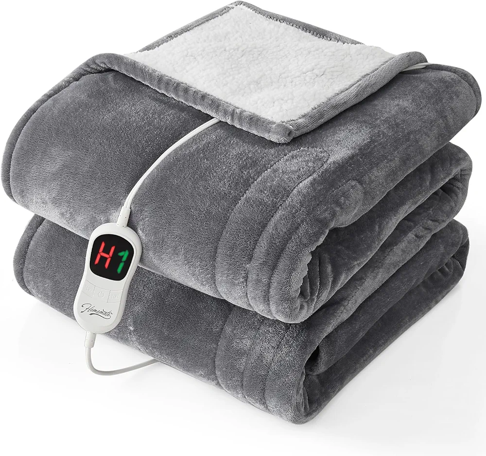 Homemate Electric Heated Blanket Twin - 62"x84" Heating Bed Blankets Throw with 10 Heating Levels 8 Hours Auto Off Fast Heating Over-Heated Protection Ultra Soft Warm Flannel ETL Certified Grey