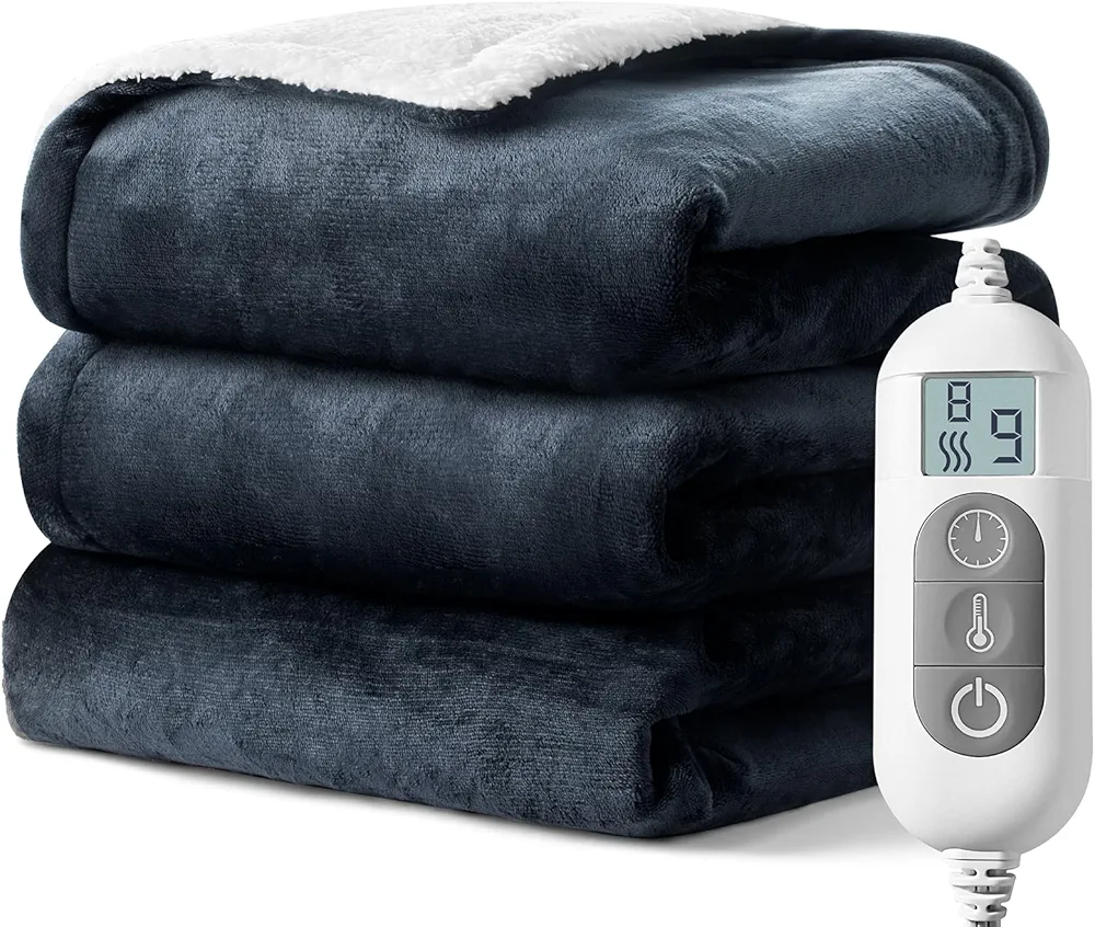 Electric Blanket Heated Throw,Double-Sided Flannel＆Sherpa Electric Throw with1-9 hrs Timer Auto-Off & 8 Heating Levels,ETL Certification,Machine Washable,Heated Protection Ultra Soft Warm