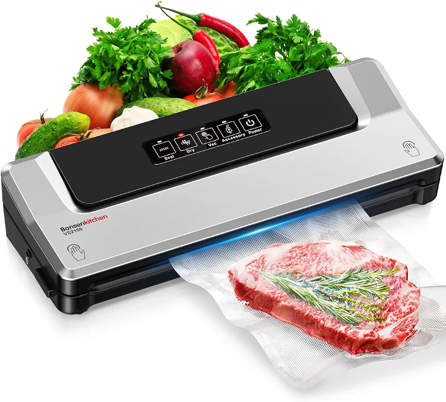 Bonsenkitchen Vacuum Sealer Machine, Fast-Compact Food Sealer, Multi-Functional Food Vacuum Sealer with 5 Vacuum Bags & Accessory Hose, Technology for High-Speed Continuous Working, Silver