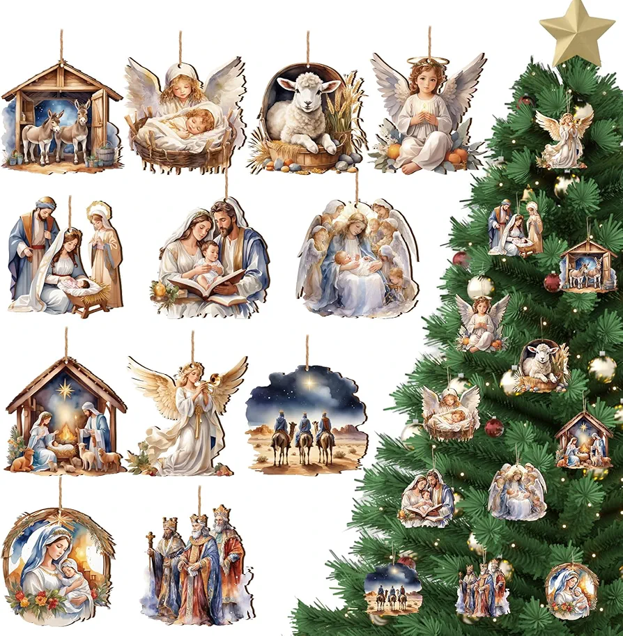 Suzile 36 Pcs Christmas Wooden Ornaments Vintage Christmas Tree Ornaments Christmas Decorations for Tree Wreaths Christmas Hanging Wood Cutouts Christmas Decor for Home Xmas Winter Party(Nativity)