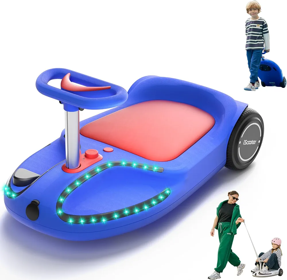 iScooter 21.6V TC3 Electric Wiggle Car, 4 in 1 Wiggle Car Ride on Toy, Lithium Rechargeable Battery, 3 Speed, Anti-Rollover,100+ Lights Modes, Bluetooth, Wiggle Car for Ages 3+ with Pull Rope (Blue)