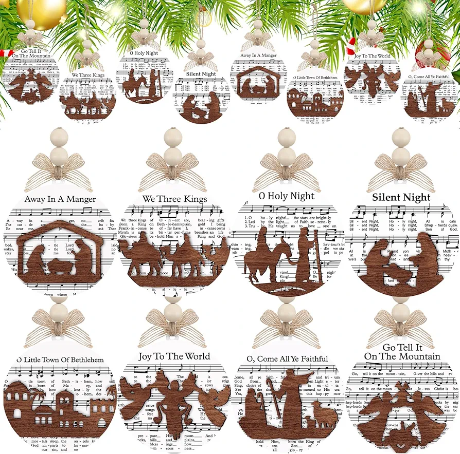 32 Pcs Christmas Nativity Ornaments for Tree Christmas Music Sheet Nativity Ornaments 3D Wooden Hanging Ornaments for Xmas Home Decor(Nativity Style)