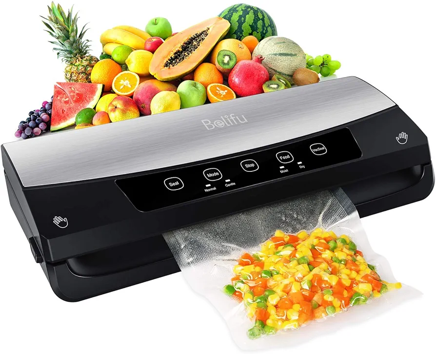 Belifu Vacuum Sealer Machine, Automatic Vacuum Air Sealing System For Food Savers with Starter Kit, Dry & Moist Modes, Built-in Cutter, for Sous Vide and Food Storage (Stainless Steel)