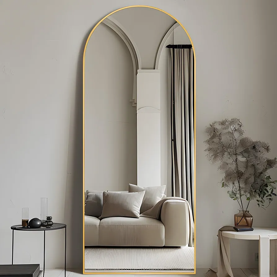 Full Length Mirror 58"x18" Arched Floor Mirror Freestanding Full Body Oversized Floor Free Standing Leaning Hanging Mounted Aluminum Alloy Frame Floor Mirror for Bedroom Cloakroom Living Room Gold