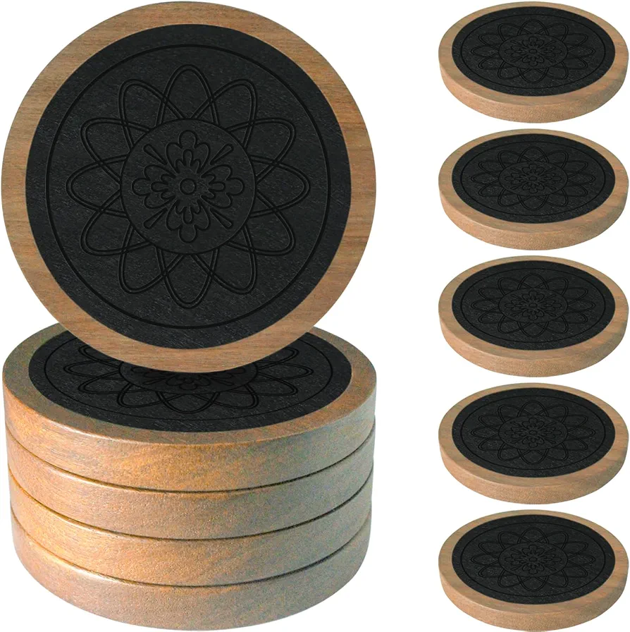 Wood Coasters for Drinks, Minacun Absorbent Coaster Sets of 5, Drinks Coasters for Coffee Tabletop Protection, Non-Slip, Non-Stick, Suitable for Kinds of Cups Wooden Table Drink, 4.3 Inches Black