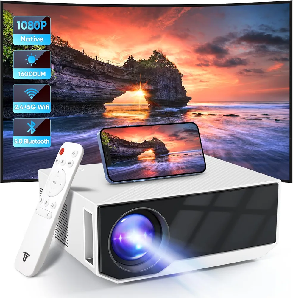 Projector with WiFi and Bluetooth, 16000Lumens Portable Mini Projector,Native Full HD 1080P Movie Projector,Smart Projector Compatible with Android/iOS/Windows/TV Stick/HDMI/USB