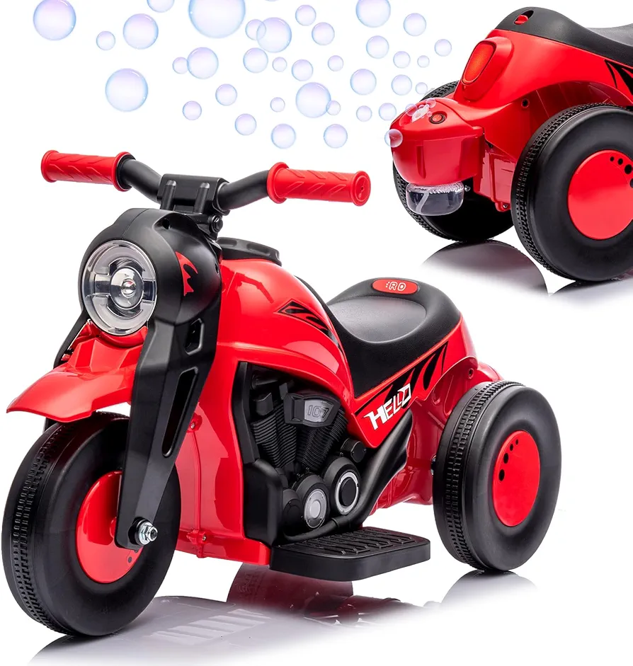 Ride On Bubble Motorcycle for Kids, 6V Battery Powered Electric Motorcycle with Bubble Maker, 3-Wheeler Ride On Toy Motorbike with Light and Music, Birthday Gift for Kids, Red