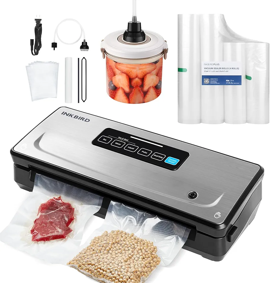 INKBIRD Vacuum Sealer Machine with 5 Vacuum Seal Rolls(Total to 110ft) and 8''*12'' Food Sealer Bags*5, Compact Food Sealer Machine with 10-In-1 Easy Option for Food Preservation,Sous Vide