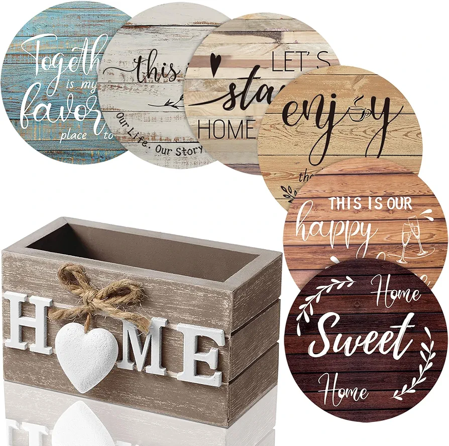 Queekay Housewarming Gifts for Home Decoration Wooden Heart Coasters for Drinks 6 Set Farmhouse Coasters with Holder Funny for Family Coffee Table Protection, 4''(Classic Farmhouse)