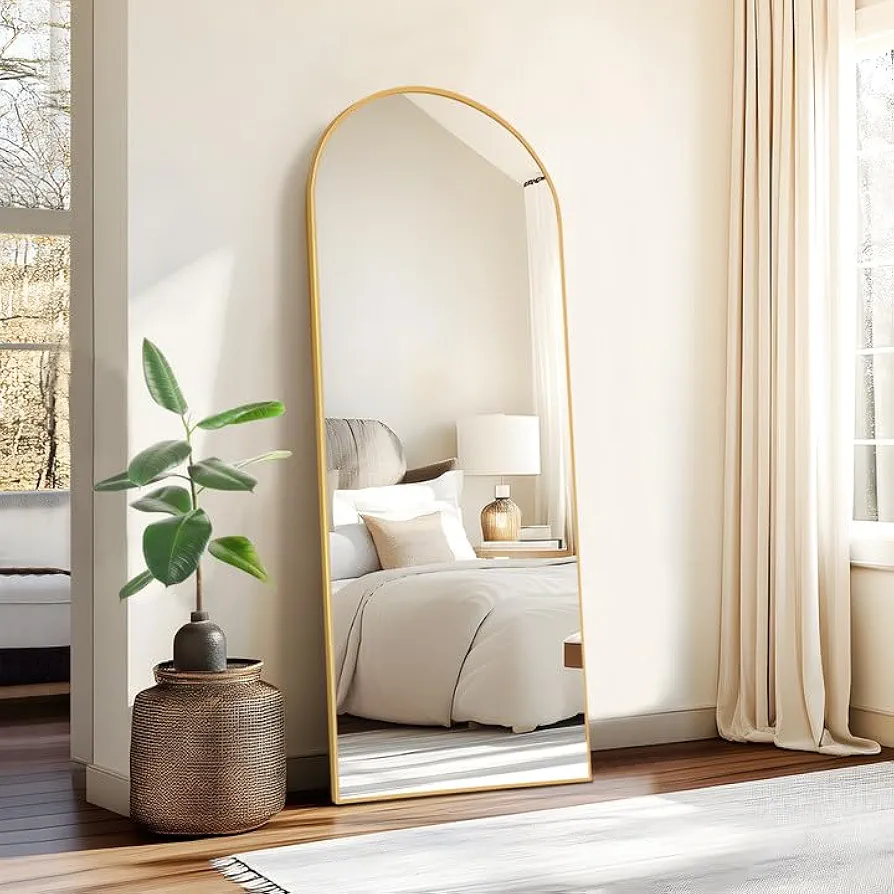 57"x19" Arched Full Length Mirror with Stand, Gold Mirror Full Length Aluminum Alloy Thin Frame Full Body Mirror, Free Standing, Hang or Lean Against Wall