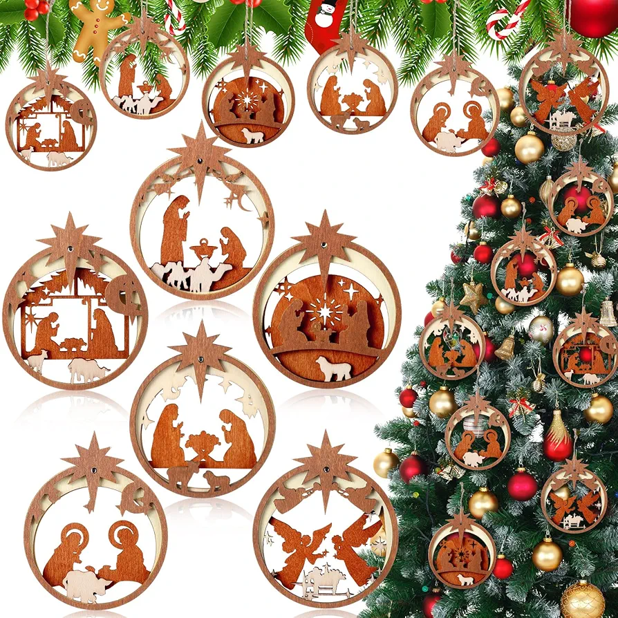 Bucherry 6 Pcs Christmas Nativity Ornaments Christian Music Sheet Nativity Scene Ornaments Wooden Star Christmas Hanging Ornament Bulk for Xmas Tree Birth of Jesus Religious Gift(Round)