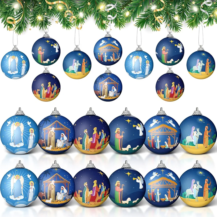 24 Pcs Nativity Scene Christmas Ornament 2.4 Inch Christian Christmas Ball Hanging Decorative Religious Christmas Hanging Tree Ornament Xmas Tree Party Decorations Christian Church Gift