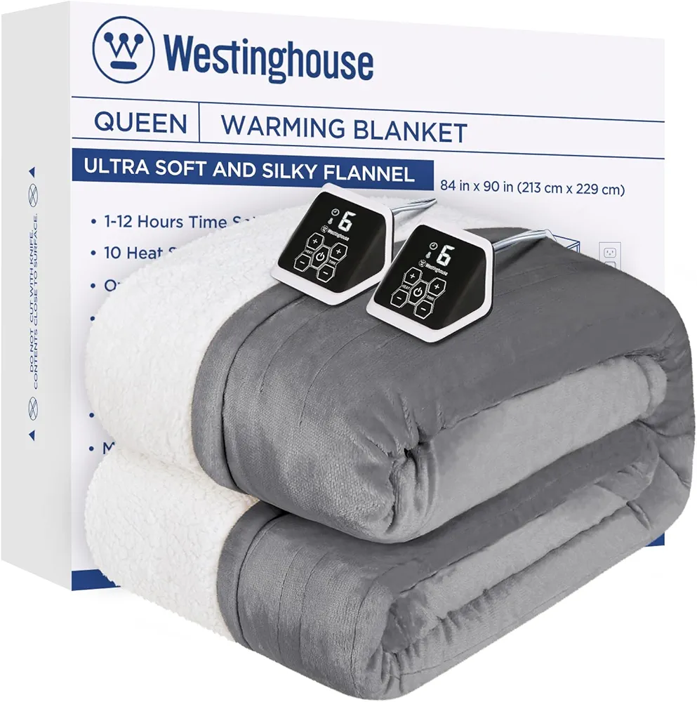 Westinghouse Heated Blanket Queen Size, Soft Flannel to Sherpa Electric Blanket with 10 Heating Levels, 12 Hours Auto Off, Fast Heating Blanket, Machine Washable, 84x90 Inch, Light Grey