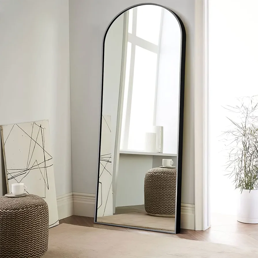 NeuType 65"x22" Large Arched Full Length Floor Mirror with Stand , Bedroom Mirror Standing or Leaning Against Wall Aluminum Alloy Frame Dressing Mirror, Black