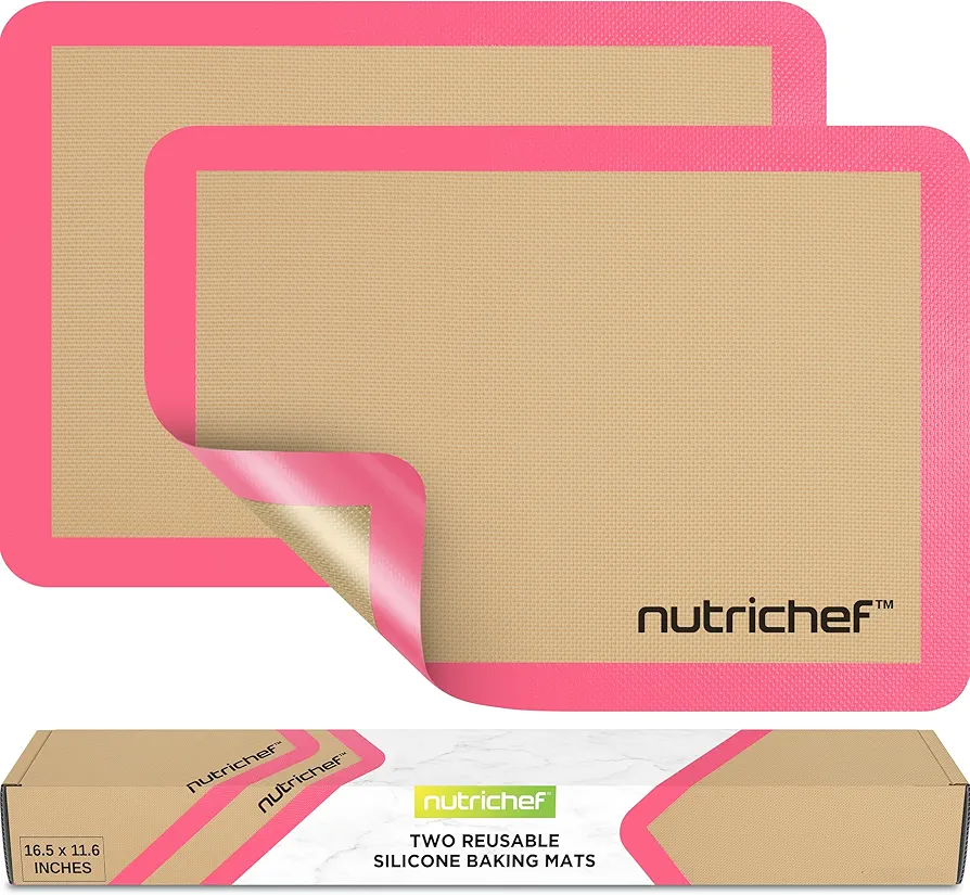 Nutrichef Silicone Baking Mats - 2 Non-stick Food-Grade Reusable Silicone Mats - Perfect for Half Baking Pans 16.5 x 11.6 IN - Oven-Safe Up to 480 Degrees F - Safe for Ovens & Dishwashers - Pink