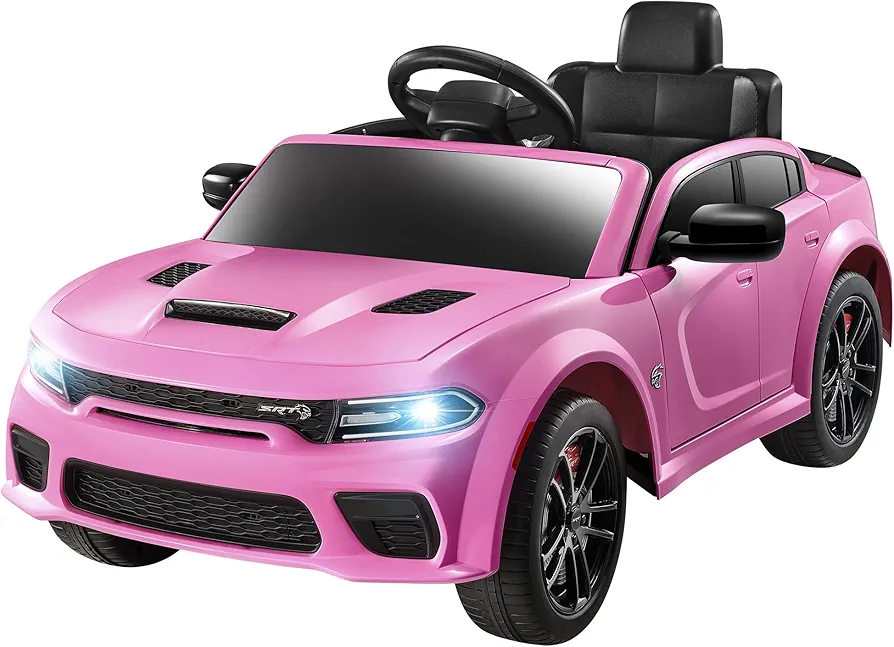 12V 7Ah Kids Electric Ride on Car, Licensed Dodge Charger SRT Hellcat, Battery Powered 4-Wheels Toy Car Electric Vehicle for Kids with Remote Control, 3 Speeds, LED Lights, Music (Pink)