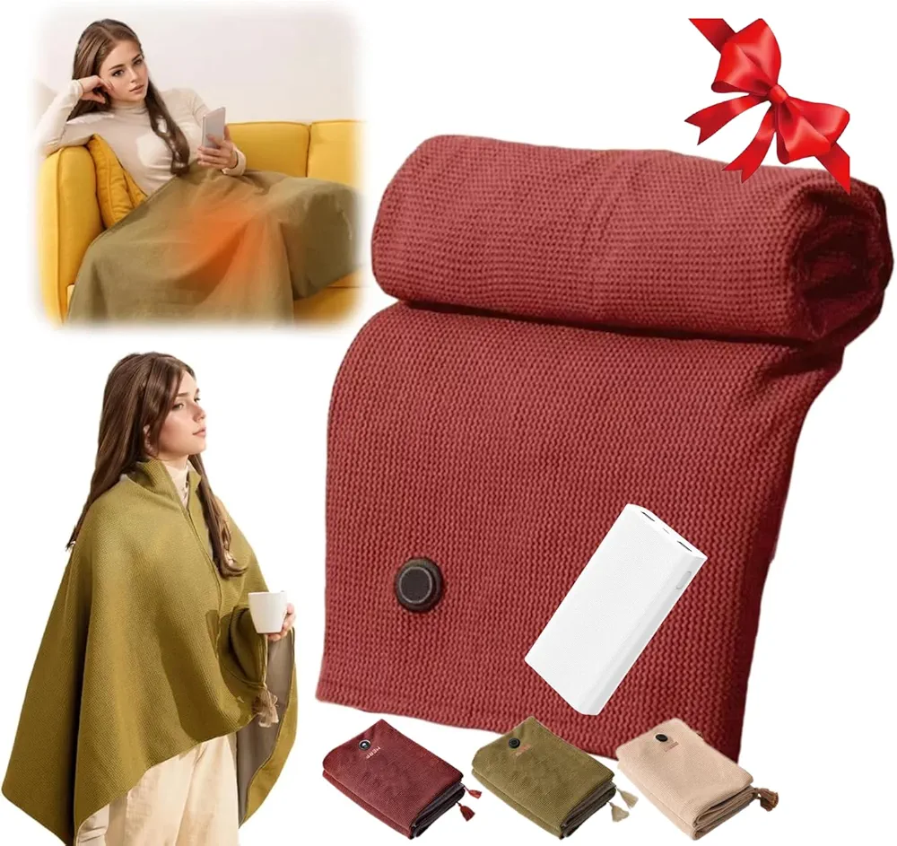 Portable Heated Shawl, 2025 Upgraded Heated Shawl Wraps for Women, Portable Heated Blanket Electric Heated Blanket Shawl, 3 Heating Levels, USB Heated Blanket Shawl (Red, with Power Bank)