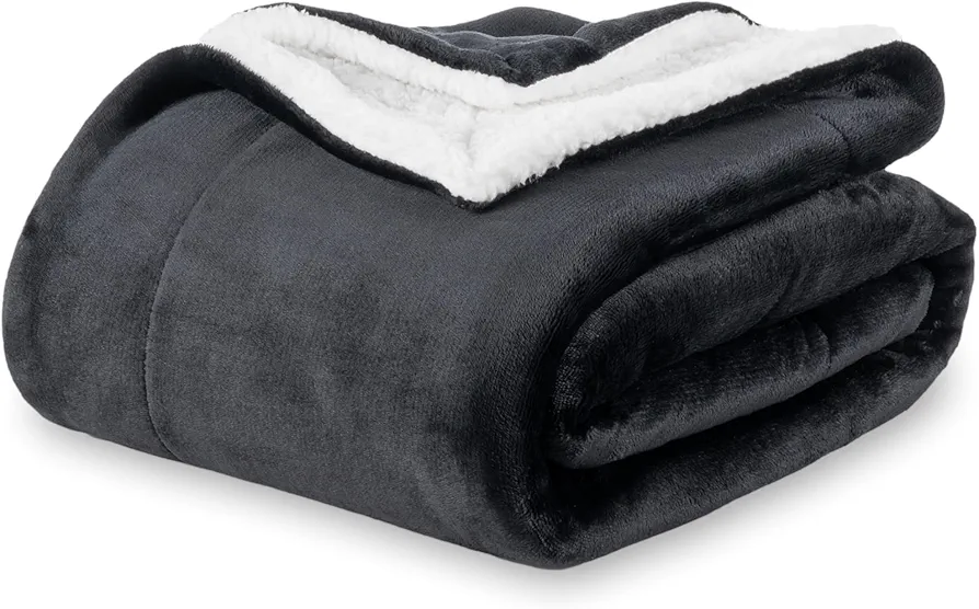 Berkshire Blanket-Sherpa Fleece Blanket, Warm and Soft Loftmink Reversible Blanket for Bed, Sofa and Travel, Black, 90 in x 108 in