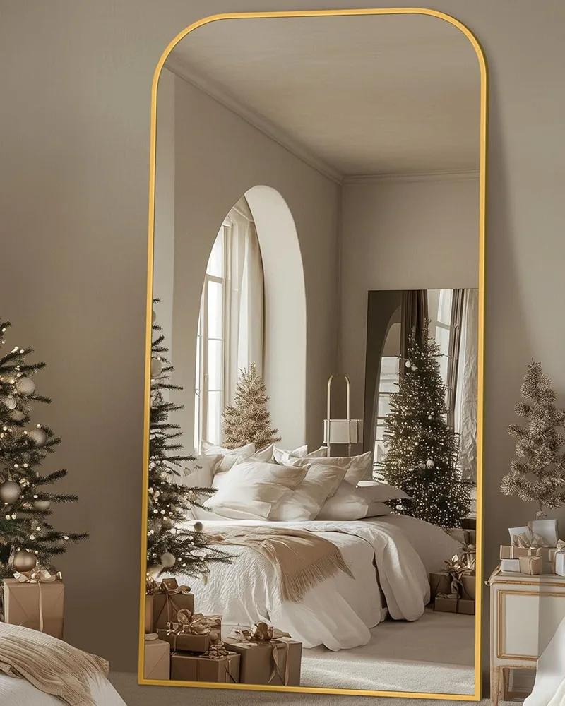 Antok Full Length Mirror, 78"x38" Floor Mirror Freestanding, Arched Floor Standing Large Mirror Full Body Mirror with Stand for Bedroom, Hanging Mounted Mirror for Living Room, Gold