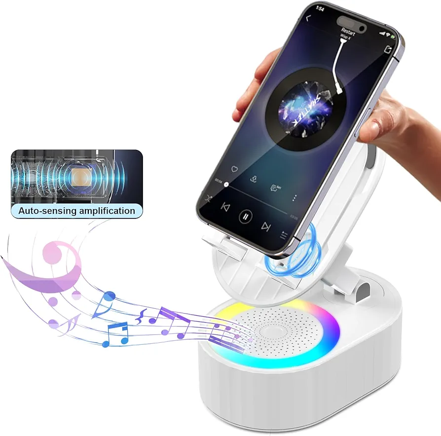 Wireless Induction Audio Bluetooth Speaker 5in1 Phone Holder Emergency Rechargeable (3000mAh) with Colorful Ambient Light 300° Foldable for Tablet iPhone Android, Gifts for Men Women (White)