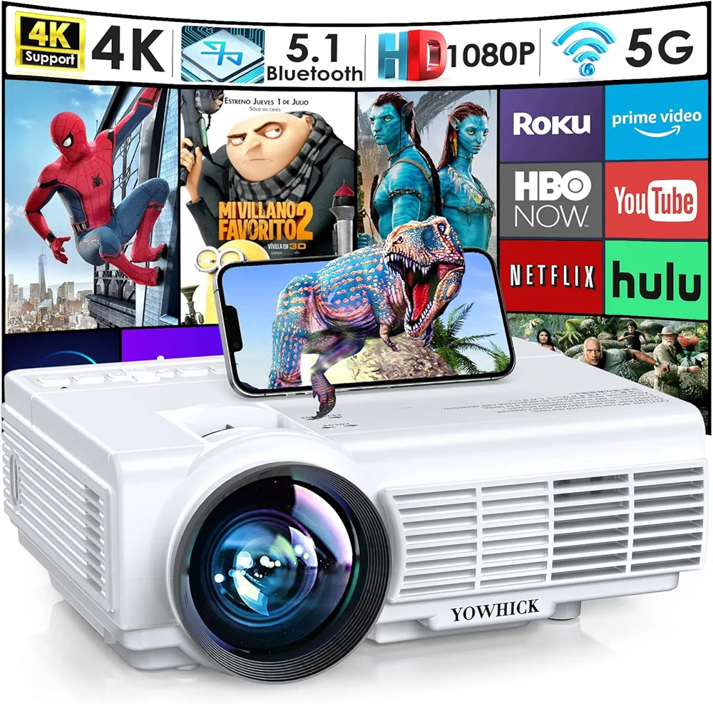 YOWHICK Projector with 5G WiFi Bluetooth, Native 1080P Outdoor Movie Projector 4K Support, 10000L Movie Video Projector, for HDMI, VGA, USB, Laptop, iOS & Android Phone