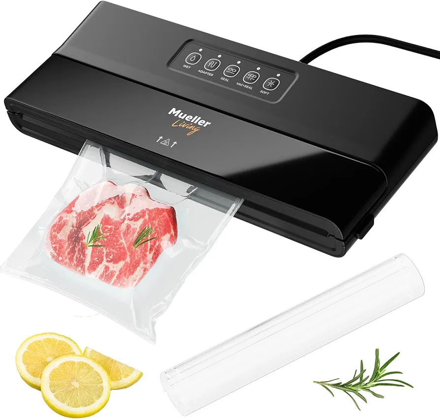 MuellerLiving Vacuum Sealer Machine, Compact Vacuum Sealer Kit with Bags/Roll, LED Light Indicators, Preserve, Marinate, Sous Vide, Black