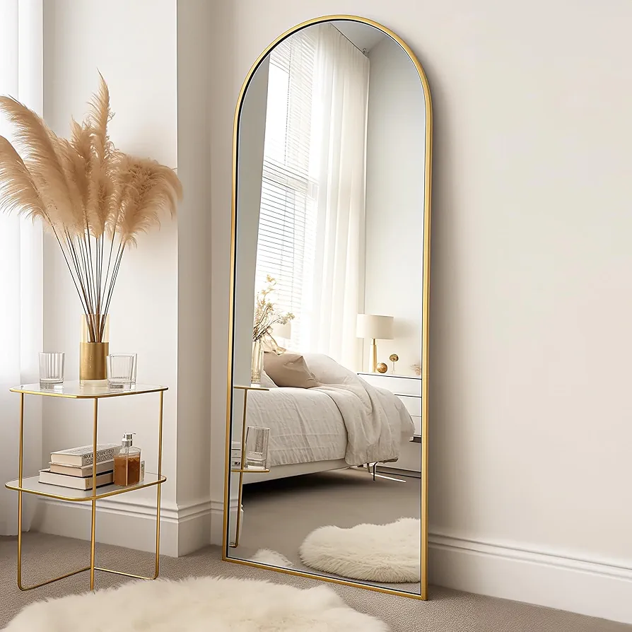 Arched Full Length Mirror, 64''x21'' Free Standing Floor Mirror, Modern Full Body Mirror with Stand, Wall Mirror with Aluminum Alloy Frame for Bedroom,Living Room, Gold