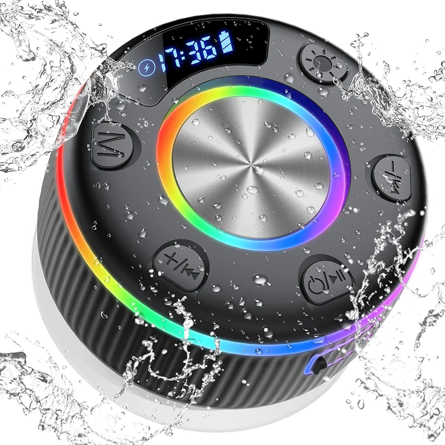 Bluetooth Shower Speaker, Portable Bluetooth 5.3 Speakers Wireless with Time Display, IP7 Waterproof Speaker with RGB Lights, Stereo Bass, Suction Cup, Mini Speaker for Bathroom Party Travel Outdoor