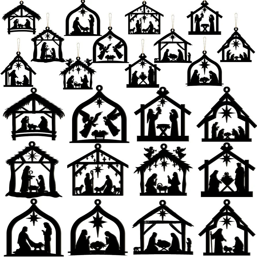 Qunclay 36 Pcs Christmas Nativity Scene Ornaments Christmas Wooden Hanging Ornament Wood House Shaped Christmas Tree Ornaments Birth of Jesus Christian Decor Religious Gifts for Home Xmas Decorations