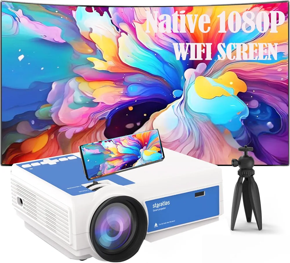 Projector with Wifi and Bluetooth,Staratlas Native Resolution 1080P,Tv Projector for Bedroom,Support Screen Mirror,Mini Portable Projector,12000L,Movie Projector Indoor (Bundle white-blue)