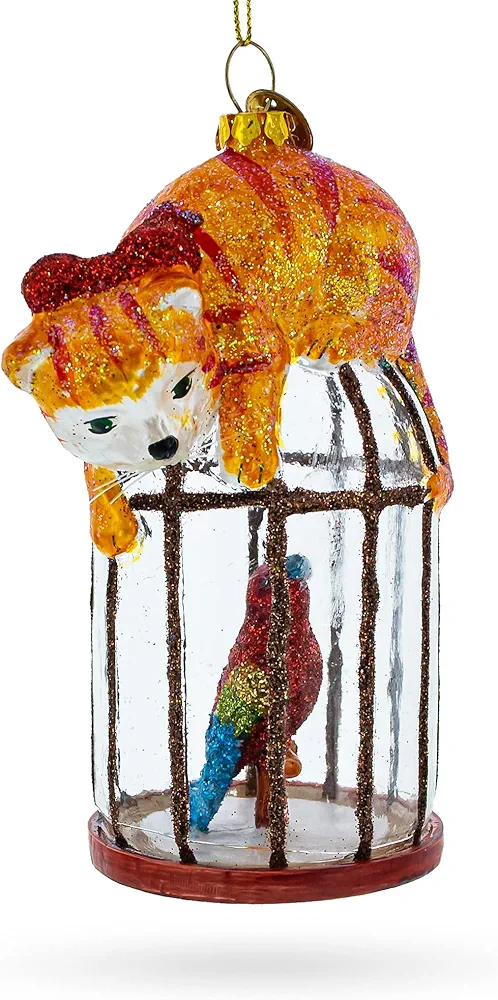 Cat on Parrot Bird Cage Glass Christmas Ornament