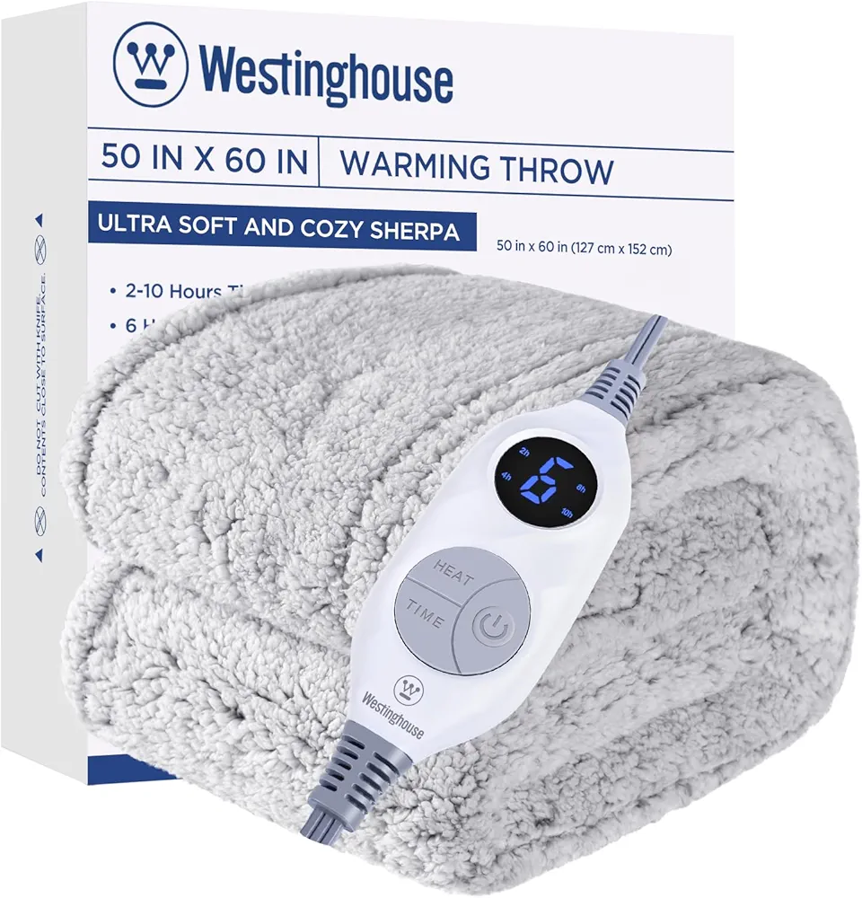 Westinghouse Electric Blanket Throw Size, Soft Plush Sherpa Heated Blanket with 6 Heating Levels & 2-10 Hours Auto-Off, Machine Washable, 50x60 inches, Light Grey