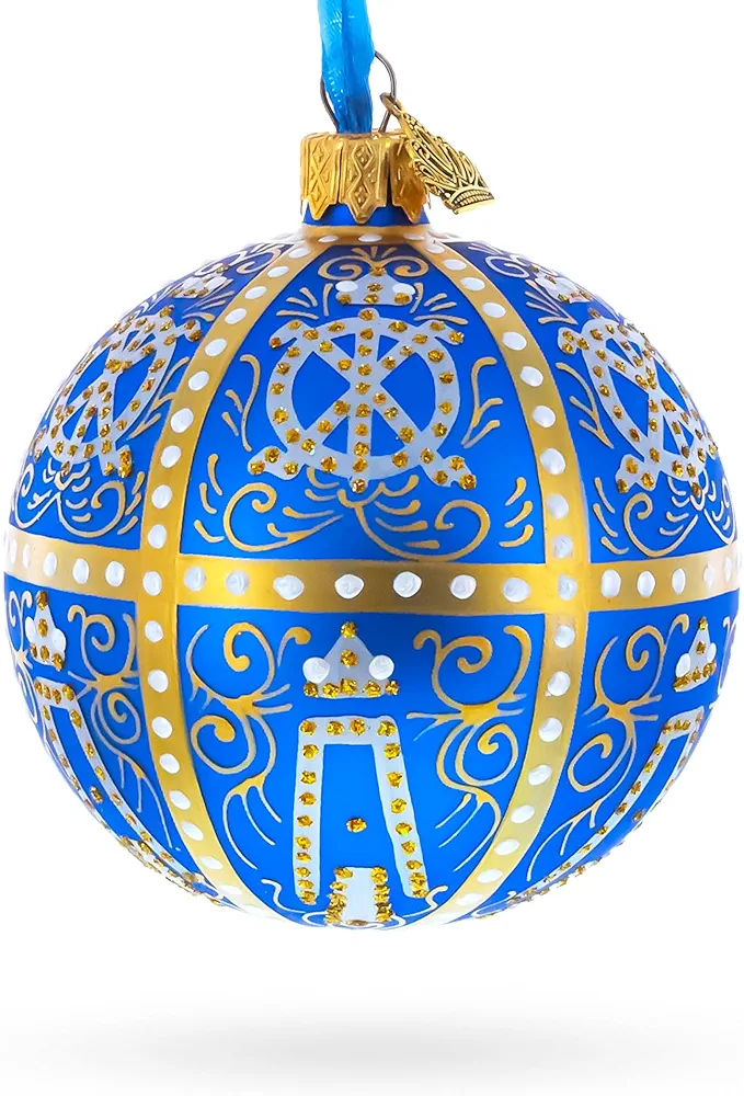 1896 Twelve Monograms Royal Egg Blue Blown Glass Ball Christmas Ornament 3.25 Inches