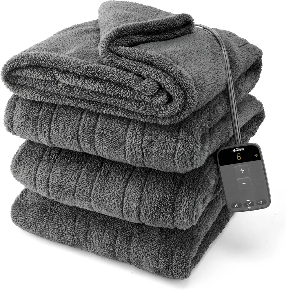 Sunbeam Electric Wi-Fi Connected Loftec Electric Heated Blanket, 10 Heat Settings, 10-Hour Auto Off, Fast Heating, Smart Heating Blanket, Voice & Wired Controller, Night Fog Grey, Full, 84" x 72"