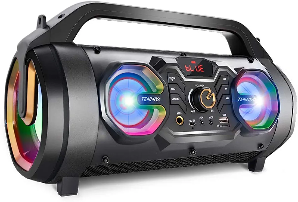 Bluetooth Speaker, 30W Portable Bluetooth Boombox with Subwoofer, FM Radio, RGB Colorful Lights, EQ, Stereo Sound, Booming Bass, 10H Playtime Wireless Party Speaker for Home, Outdoor, Travel, Camping